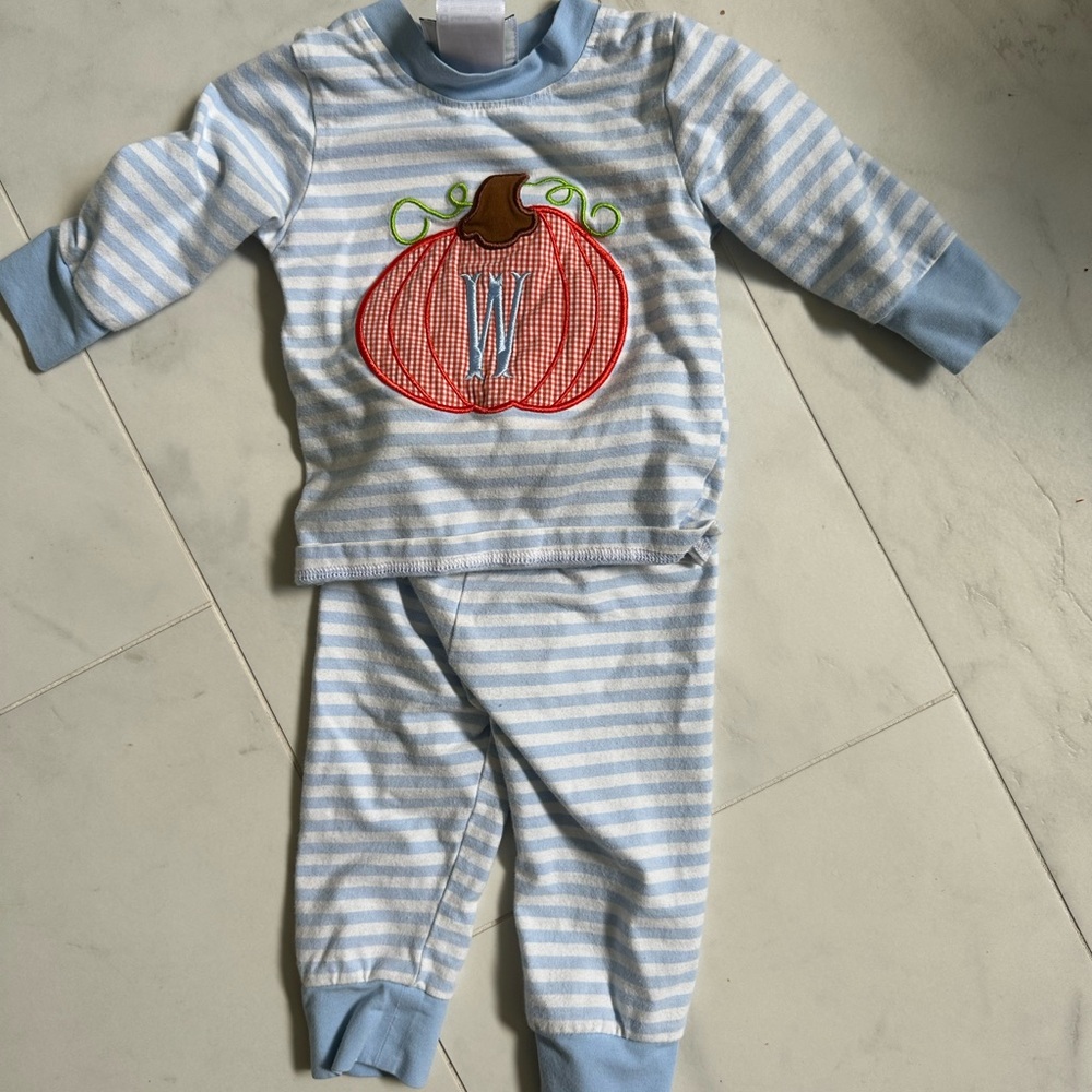 Cecil & Lou pumpkin pajamas - monogrammed with a W - size 6m